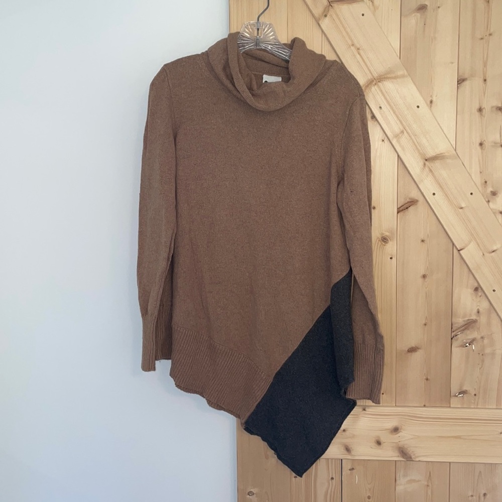Stylus brown grey asymmetrical cowl neck sweater